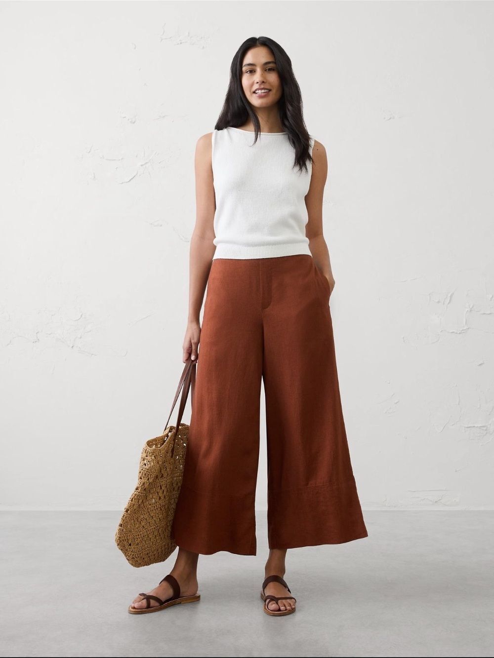 Banana Republic High Rise Linen Blend Wide Leg Cropped Pants XS Petite Warm Brow